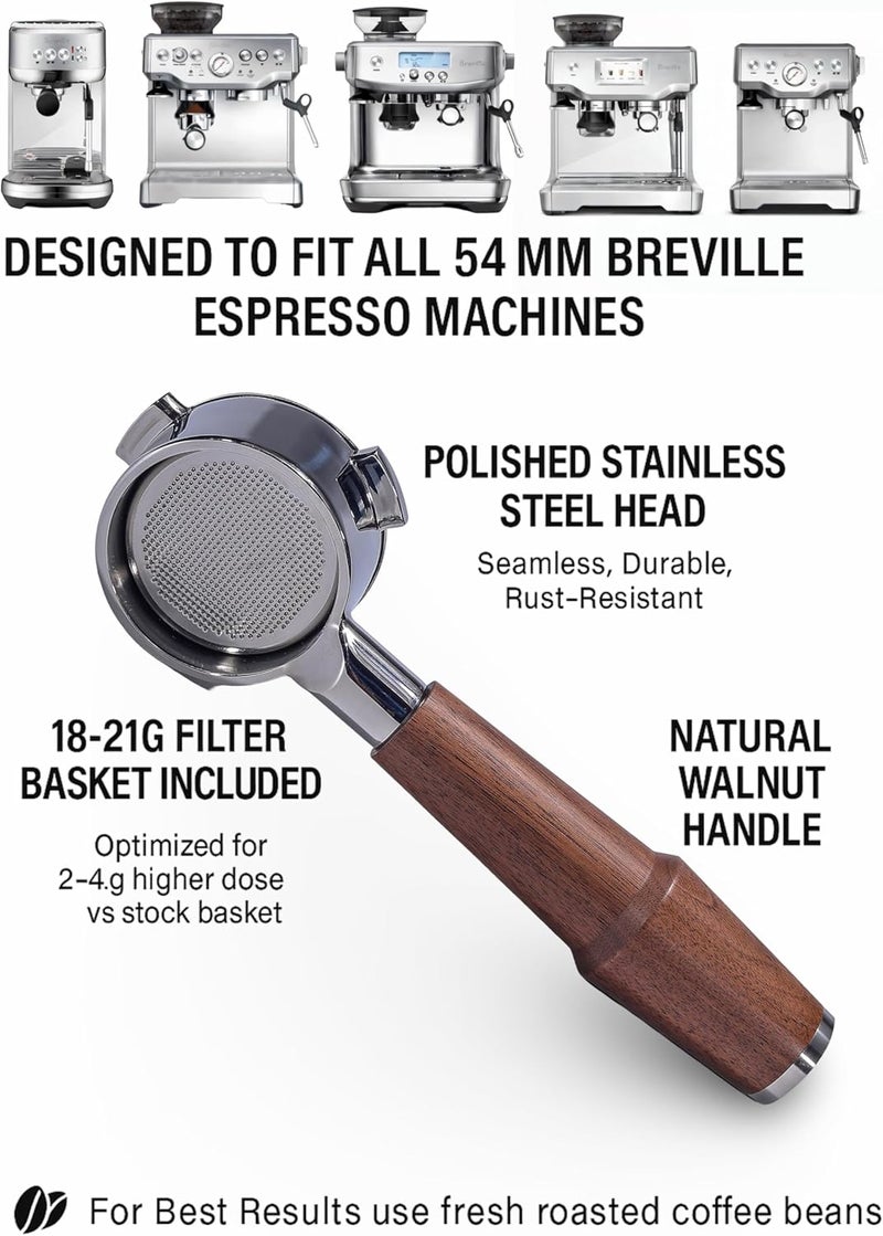KNODOS Bottomless Portafilter 54mm Walnut for Breville Barista Express, Pro, Touch, Bambino Plus | Premium Naked Portafilter | Fits BES870XL, BES878, BES880 | Includes 18–21g Filter Basket - Image 4